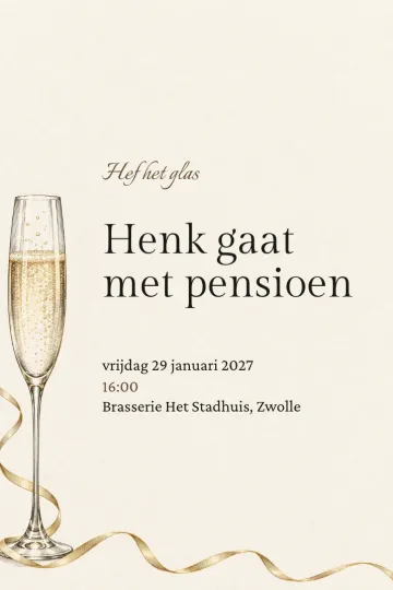 Uitnodiging Afscheid en pensioen, ontwerp Eén glas champagne