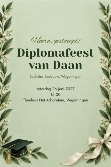 Uitnodiging Geslaagd, ontwerp Laurier en afstudeerhoed