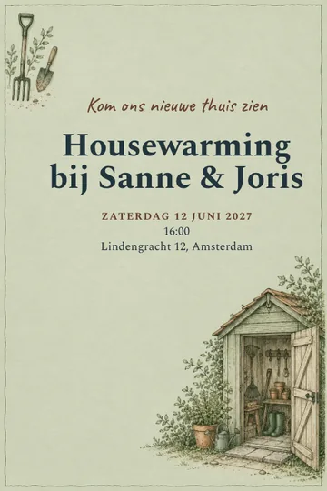 Uitnodiging met het ontwerp Ons tuinschuurtje