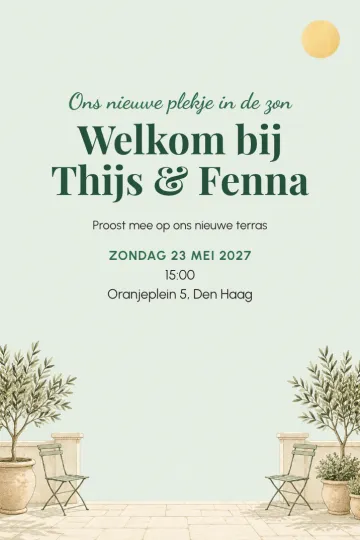 Uitnodiging Housewarming, ontwerp Terras in de zon