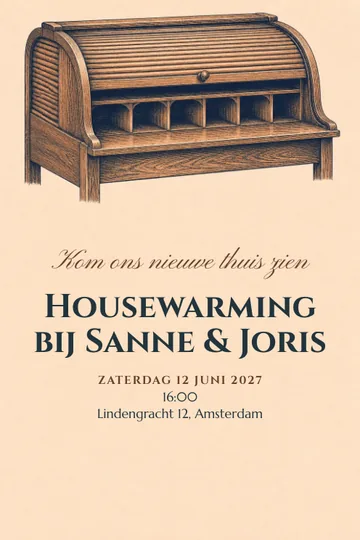 Uitnodiging met het ontwerp Het bureau gaat open