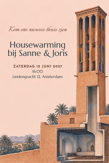 Uitnodiging met het ontwerp Ons huis vangt de wind