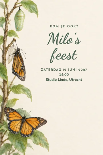 Uitnodiging met het ontwerp Vlindermetamorfose