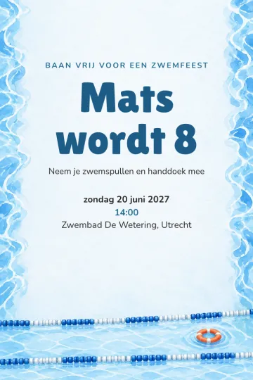 Uitnodiging Kinderfeest, ontwerp Zwembaan en reddingsboei