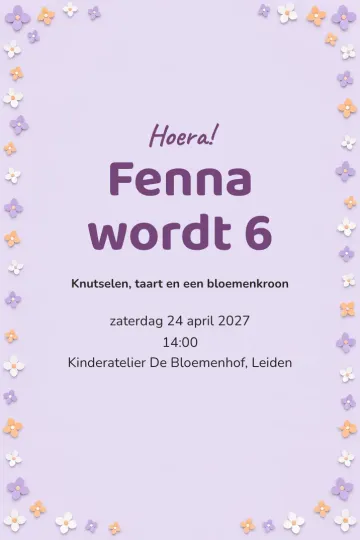 Uitnodiging Kinderfeest, ontwerp Lila bloemetjes