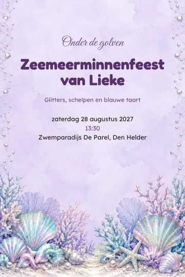 Uitnodiging Kinderfeest, ontwerp Schelpen op de zeebodem