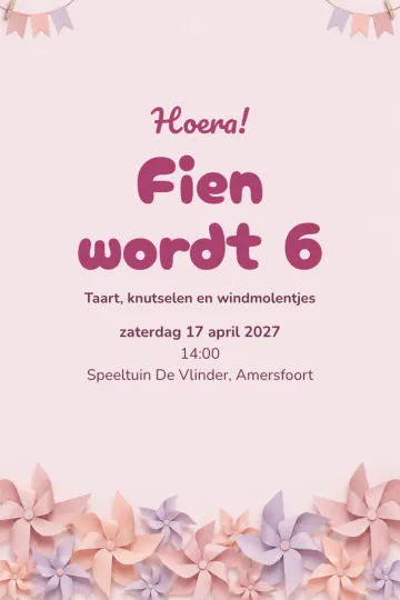 Uitnodiging Kinderfeest, ontwerp Roze windmolentjes