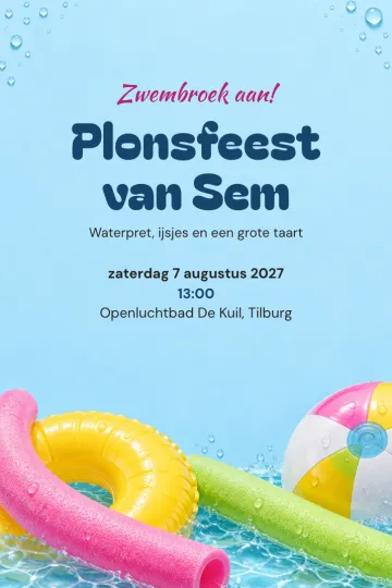 Uitnodiging Kinderfeest, ontwerp Zwemslurven en strandbal