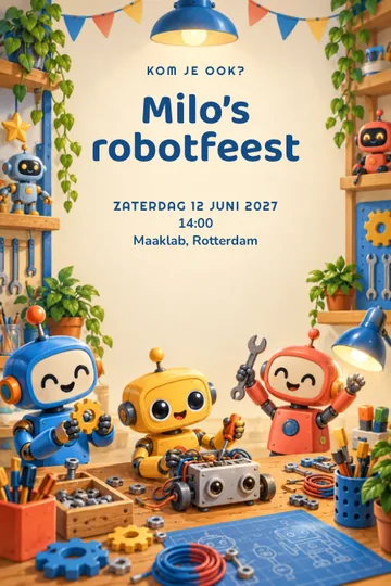 Uitnodiging met het ontwerp Robotwerkplaats