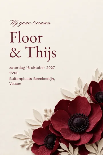 Uitnodiging Bruiloft, ontwerp Anemoon van papier
