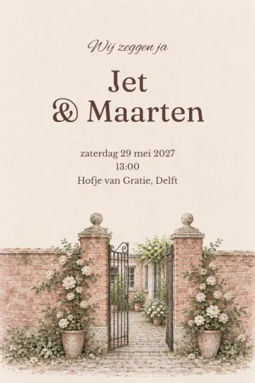 Uitnodiging Bruiloft, ontwerp Trouwen in het hofje