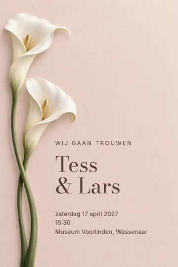 Uitnodiging Bruiloft, ontwerp Twee calla’s