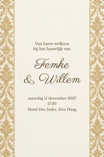 Uitnodiging Bruiloft, ontwerp Champagnedamast