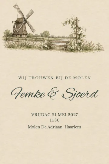 Uitnodiging Bruiloft, ontwerp Trouwen bij de molen