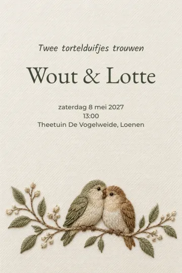 Uitnodiging Bruiloft, ontwerp Geborduurde tortelduiven