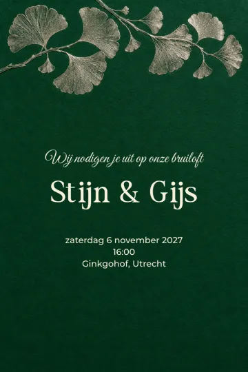Uitnodiging Bruiloft, ontwerp Ginkgo in zilverdruk