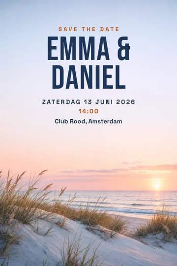Uitnodiging met het ontwerp Save the date: aan zee