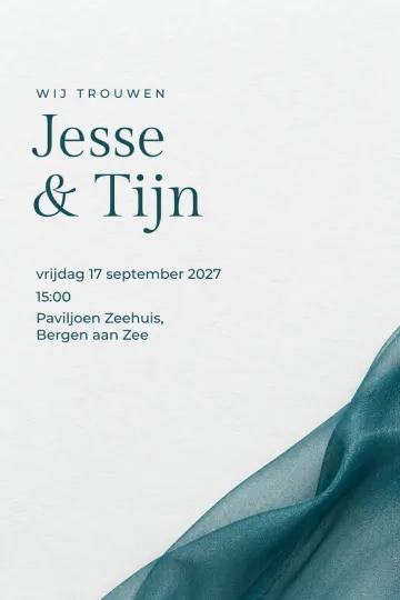 Uitnodiging Bruiloft, ontwerp Petrolblauwe organza