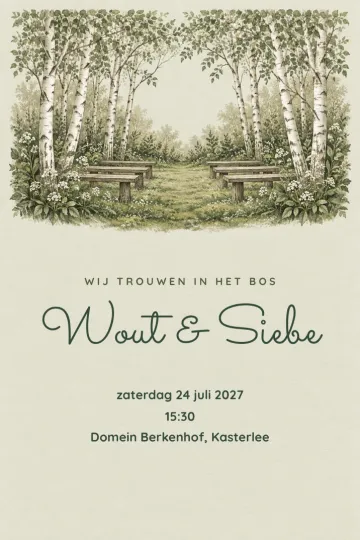 Uitnodiging Bruiloft, ontwerp Open plek in het berkenbos
