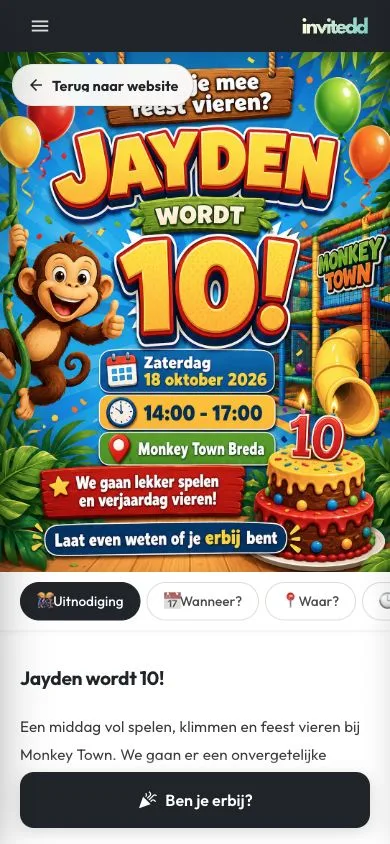 Mobiele Invitedd uitnodiging met flyer, WhatsApp-vriendelijke tabs en RSVP-knop